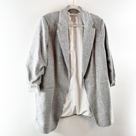 H&M Gathered 3/4 Sleeve Single Button Blazer Jacket Gray Large - Picture 7 of 8